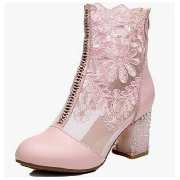 Dodo Heels Patent Leather Pink Lace Ankle Shoes Flower Mesh Chunky Heels Size 9 - Picture 10 of 10